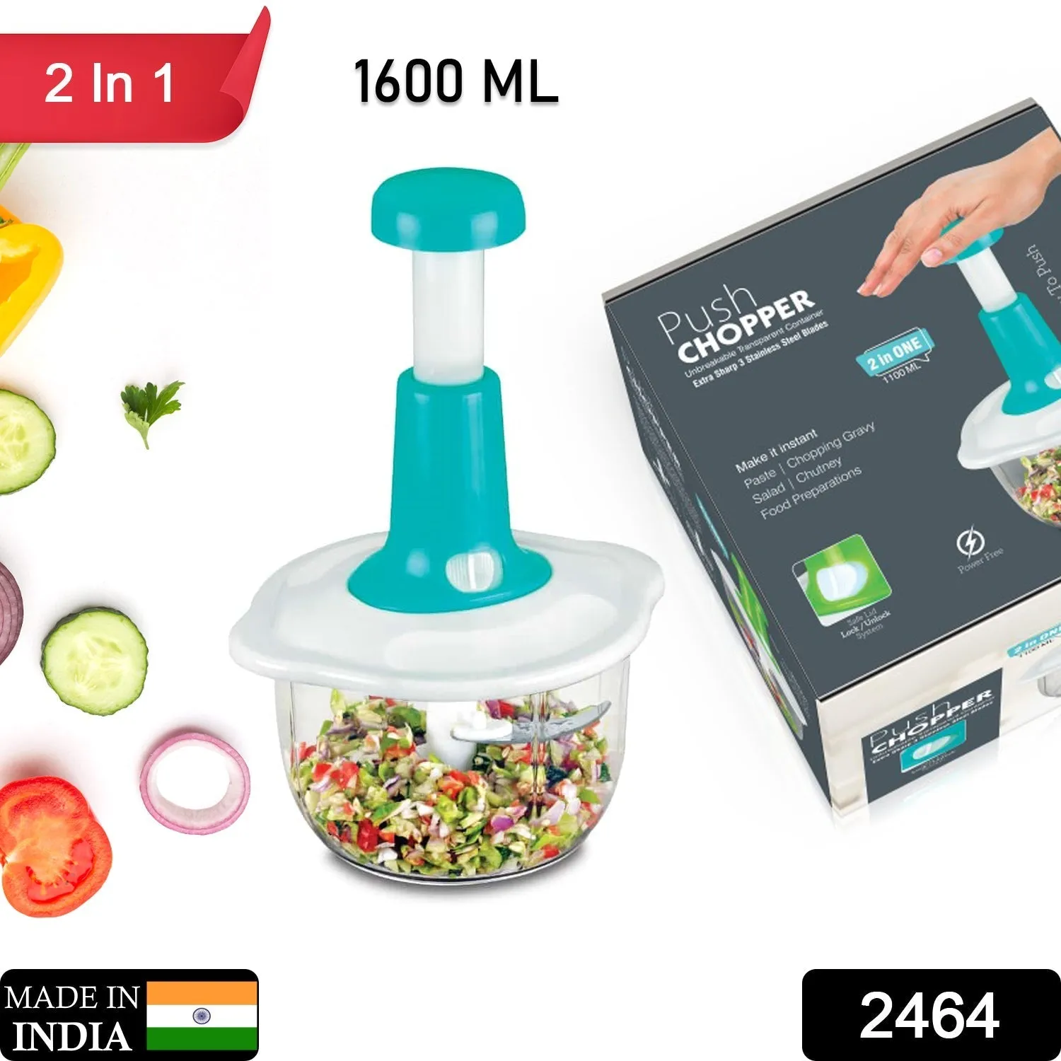 2464 Hand Press Fruits and Vegetable 2 in 1 Push Chopper for Kitchen, 3 Sharp Stainless Steel Blades (1600Ml)