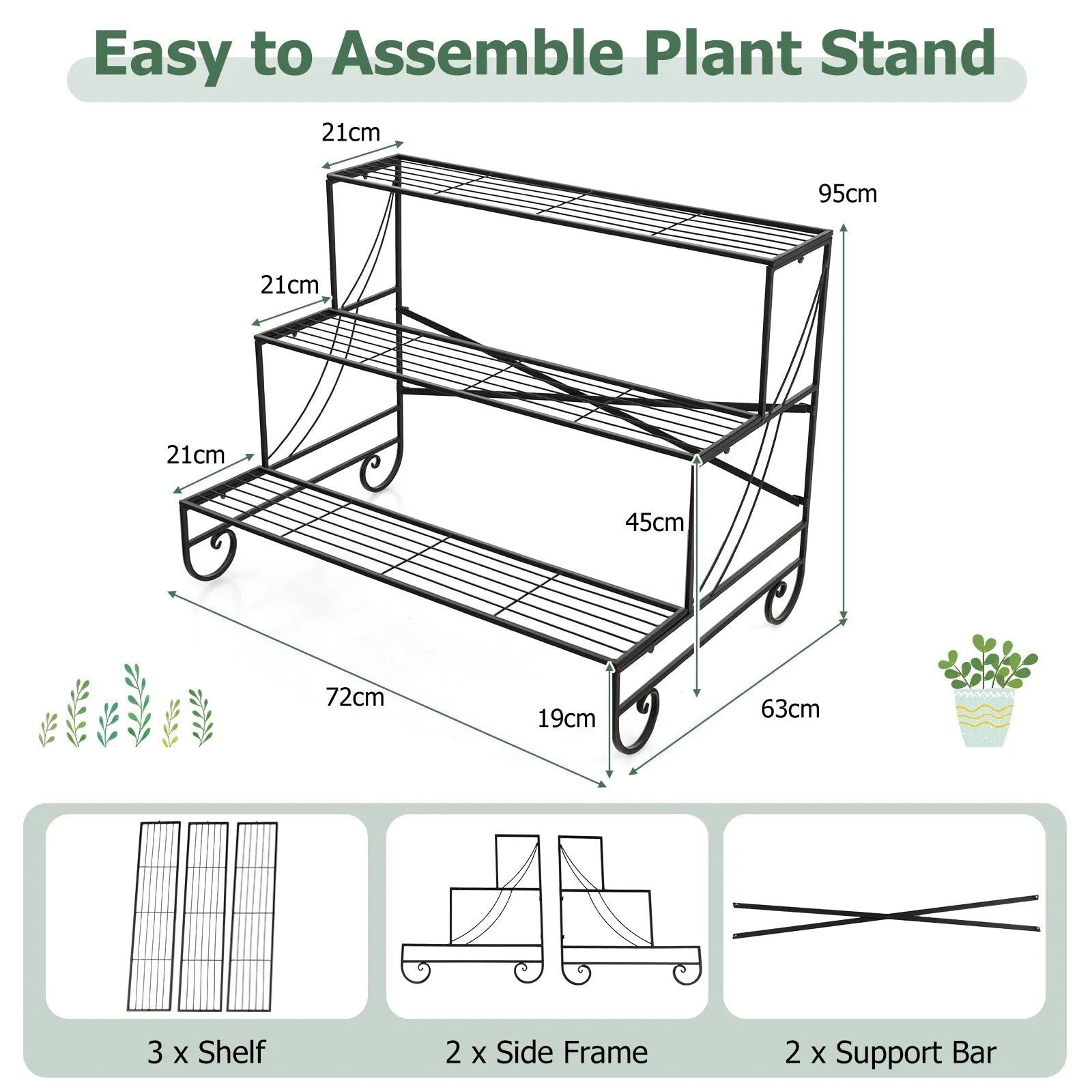 3-Tier Ladder Shaped Mental Plant Stand with Grid Shelf