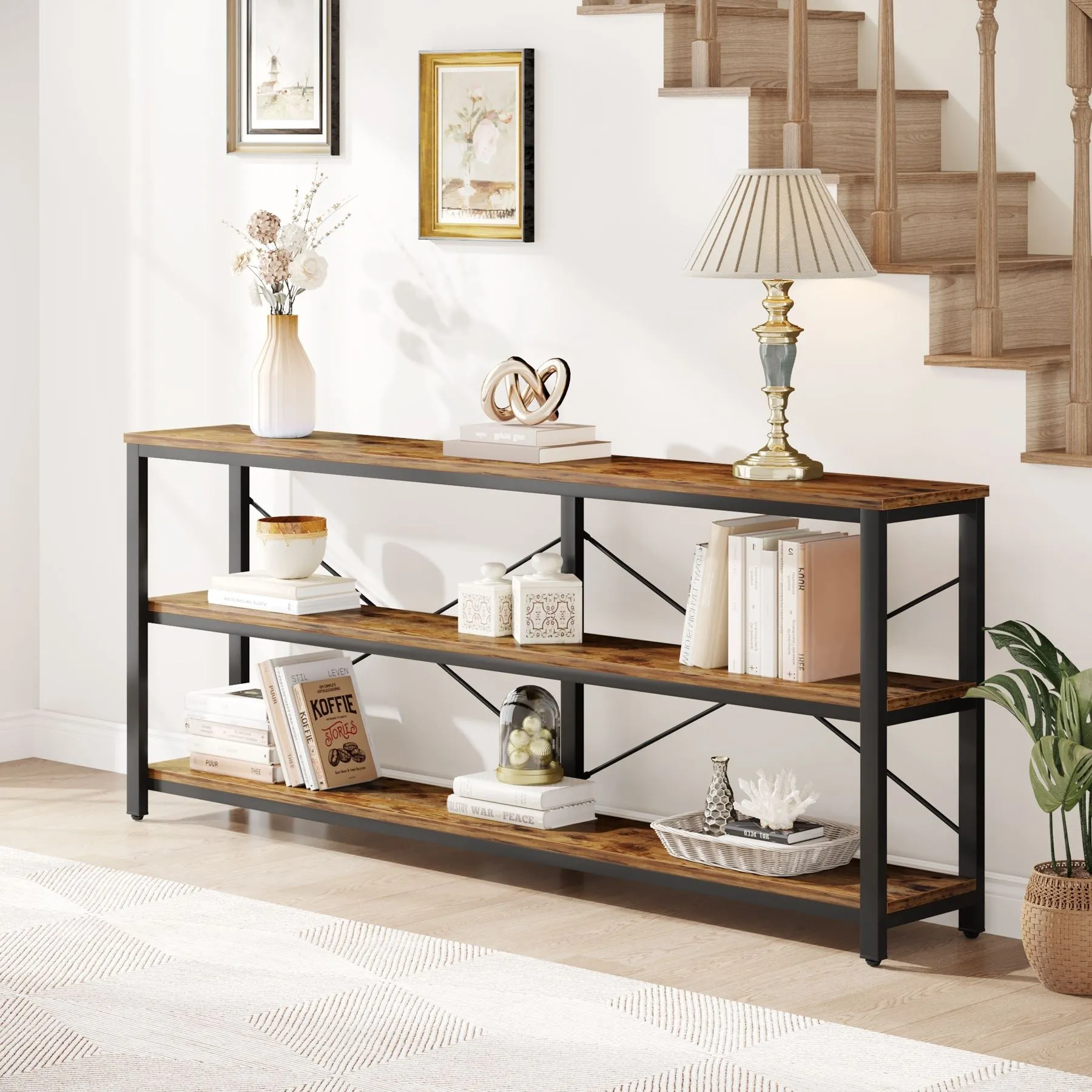 70.9" Console Table, 3-Tier Sofa Table with Metal Frame