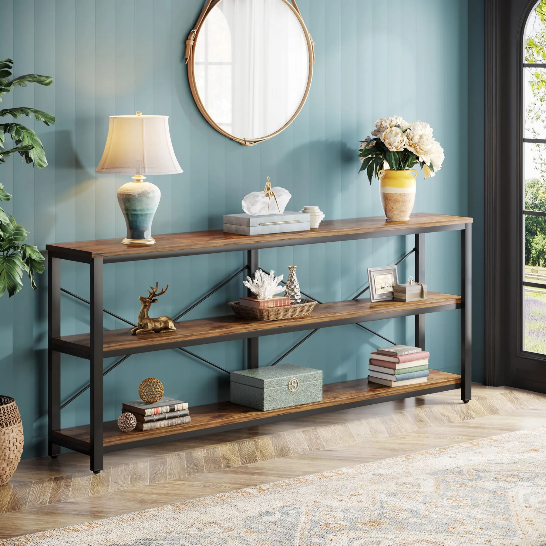 70.9" Console Table, 3-Tier Sofa Table with Metal Frame