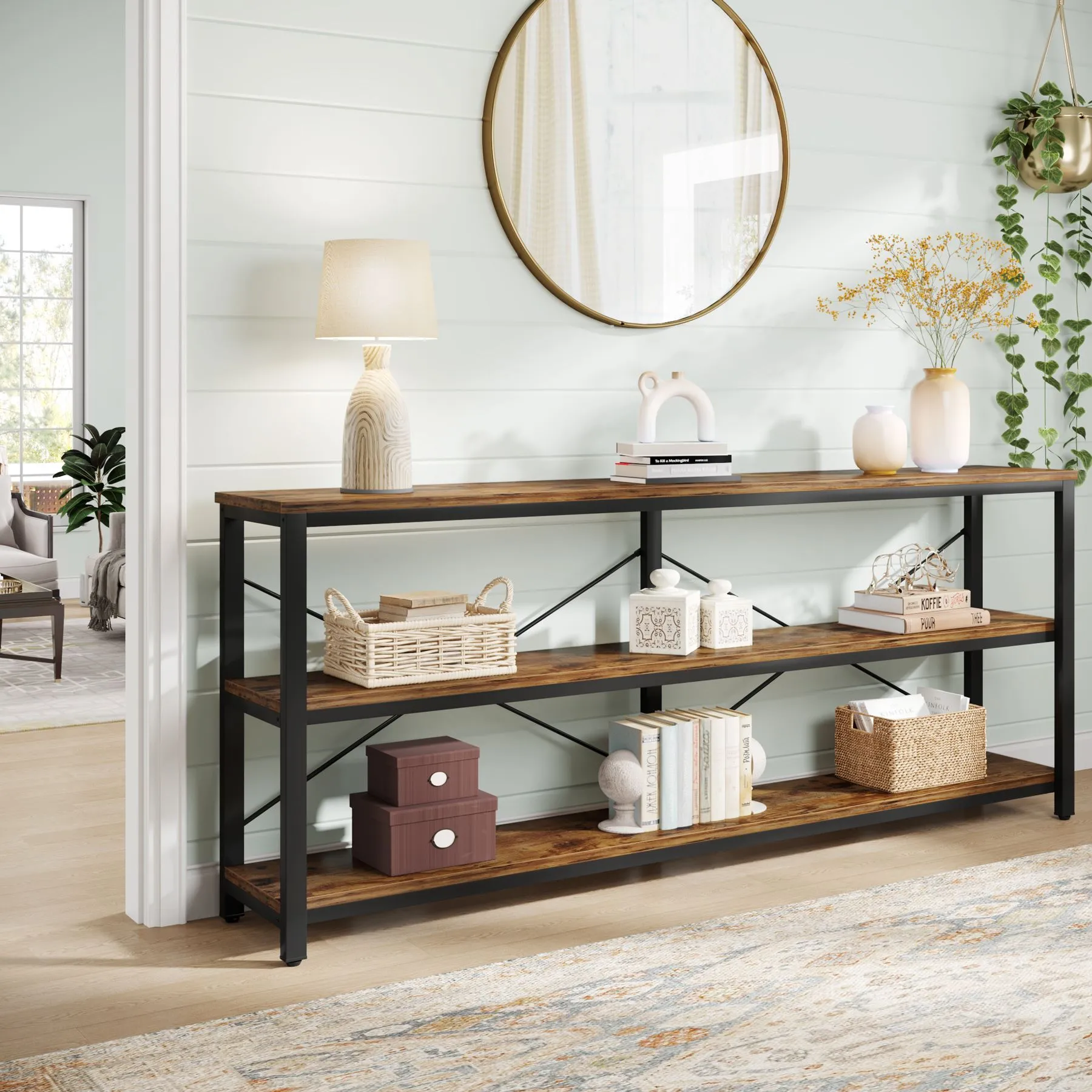 70.9" Console Table, 3-Tier Sofa Table with Metal Frame