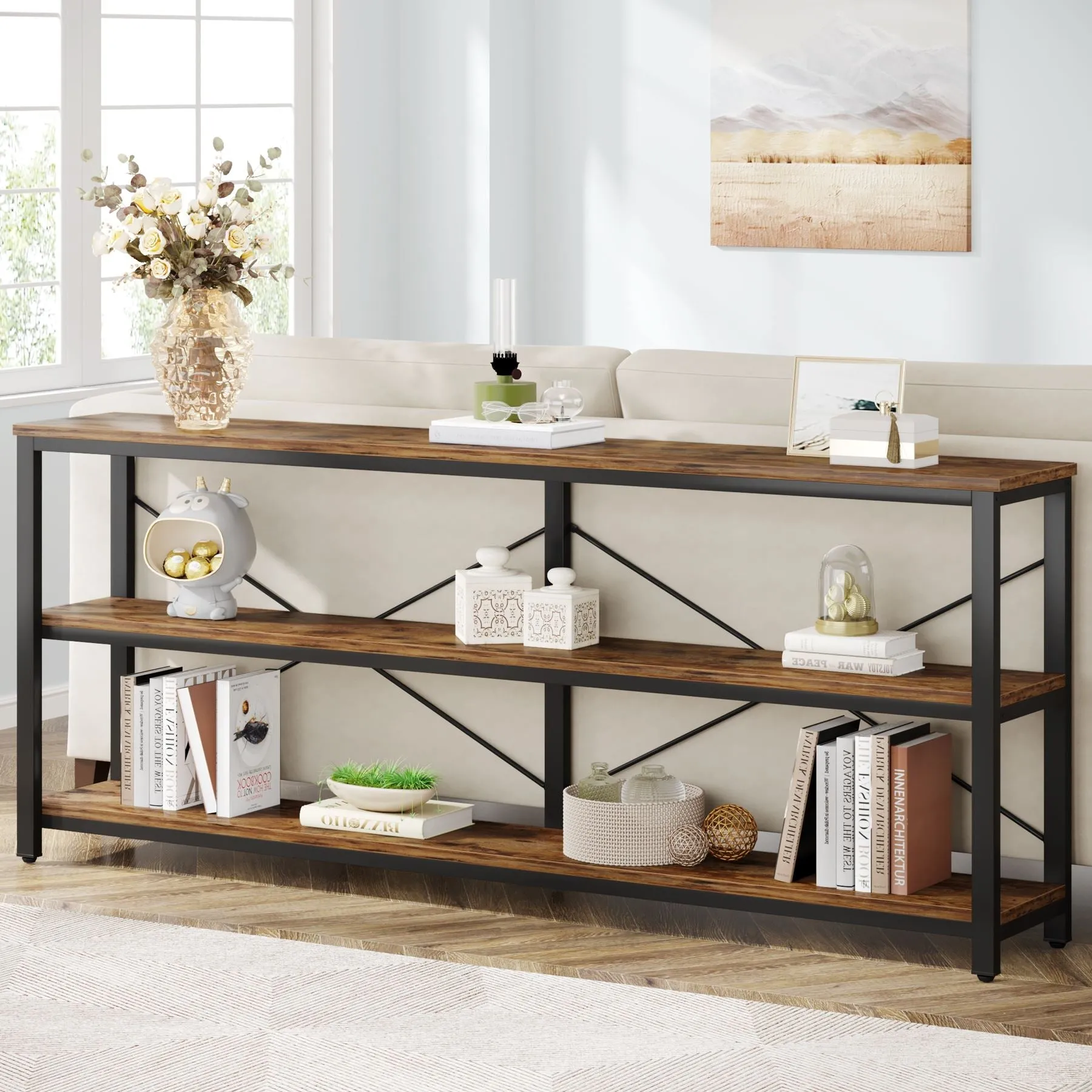 70.9" Console Table, 3-Tier Sofa Table with Metal Frame