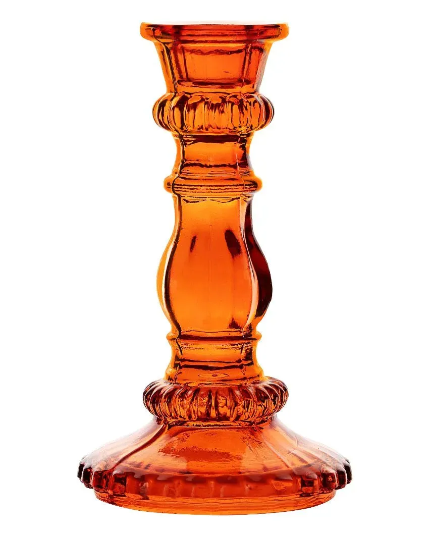 Antique Orange Glass Candle Stand | Set of 2 | 3 x 2 x 6 inches