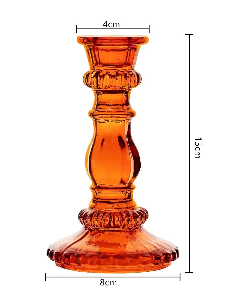 Antique Orange Glass Candle Stand | Set of 2 | 3 x 2 x 6 inches