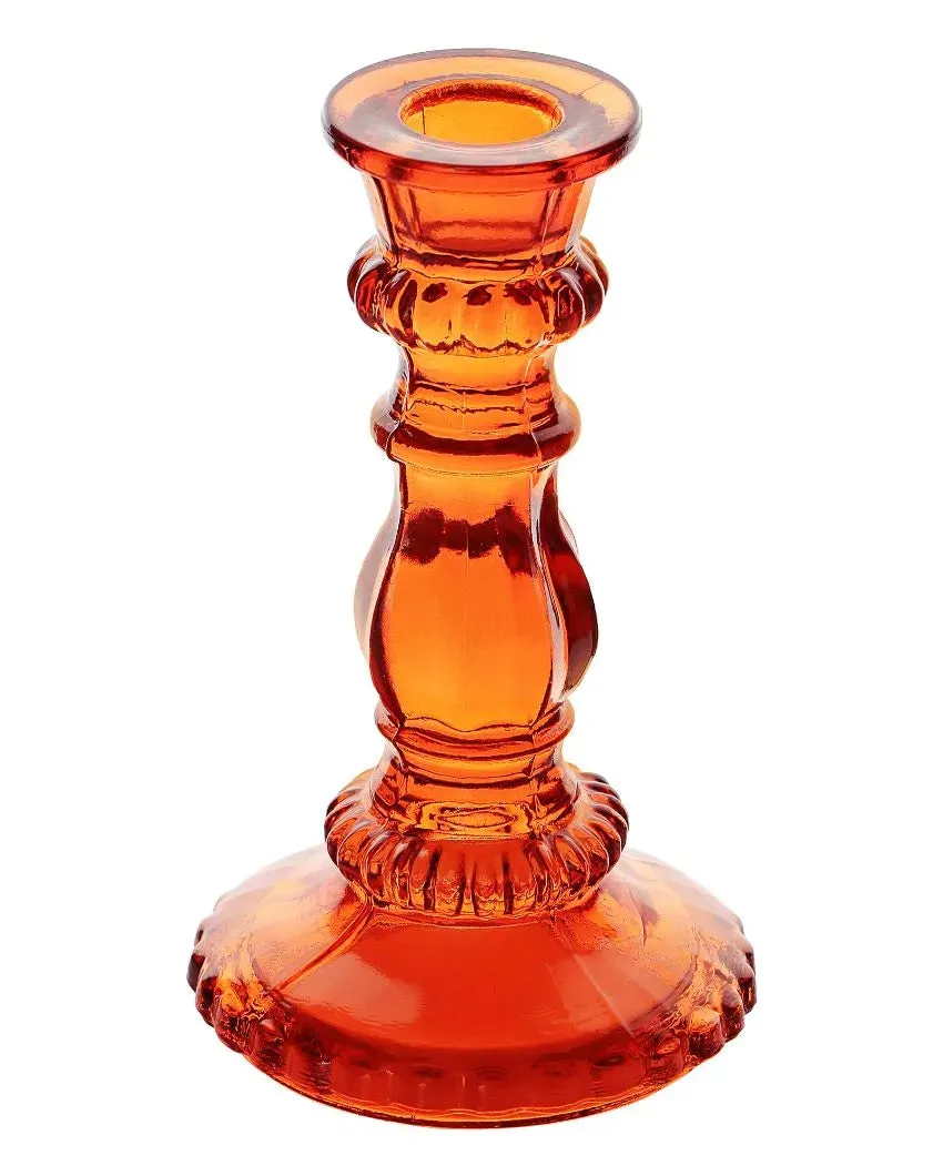 Antique Orange Glass Candle Stand | Set of 2 | 3 x 2 x 6 inches