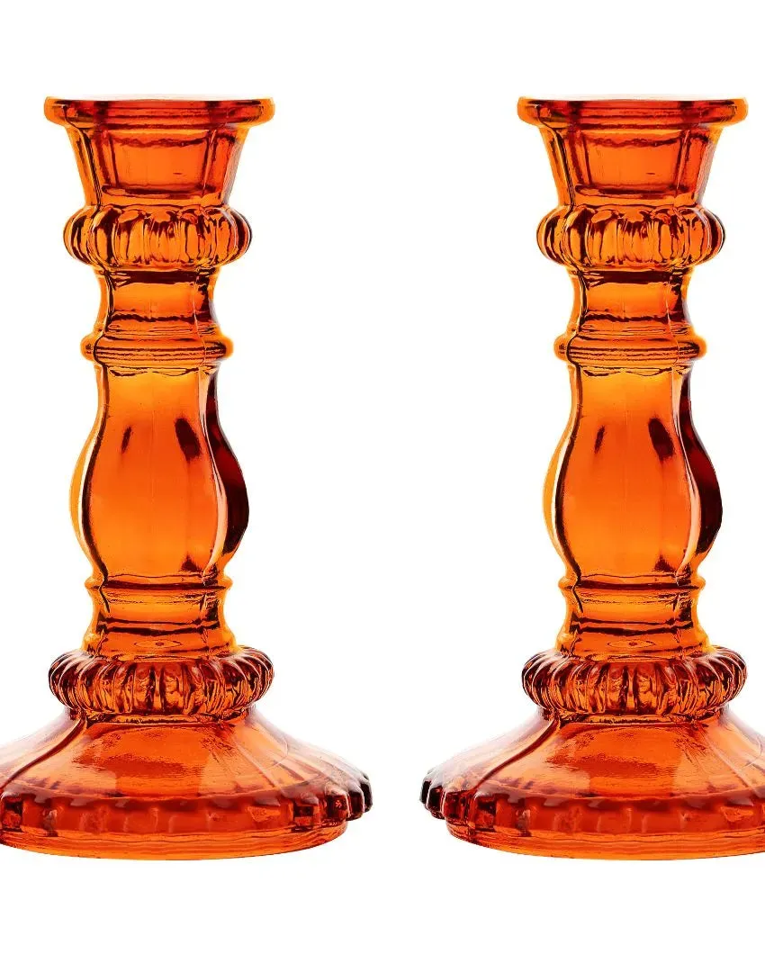 Antique Orange Glass Candle Stand | Set of 2 | 3 x 2 x 6 inches