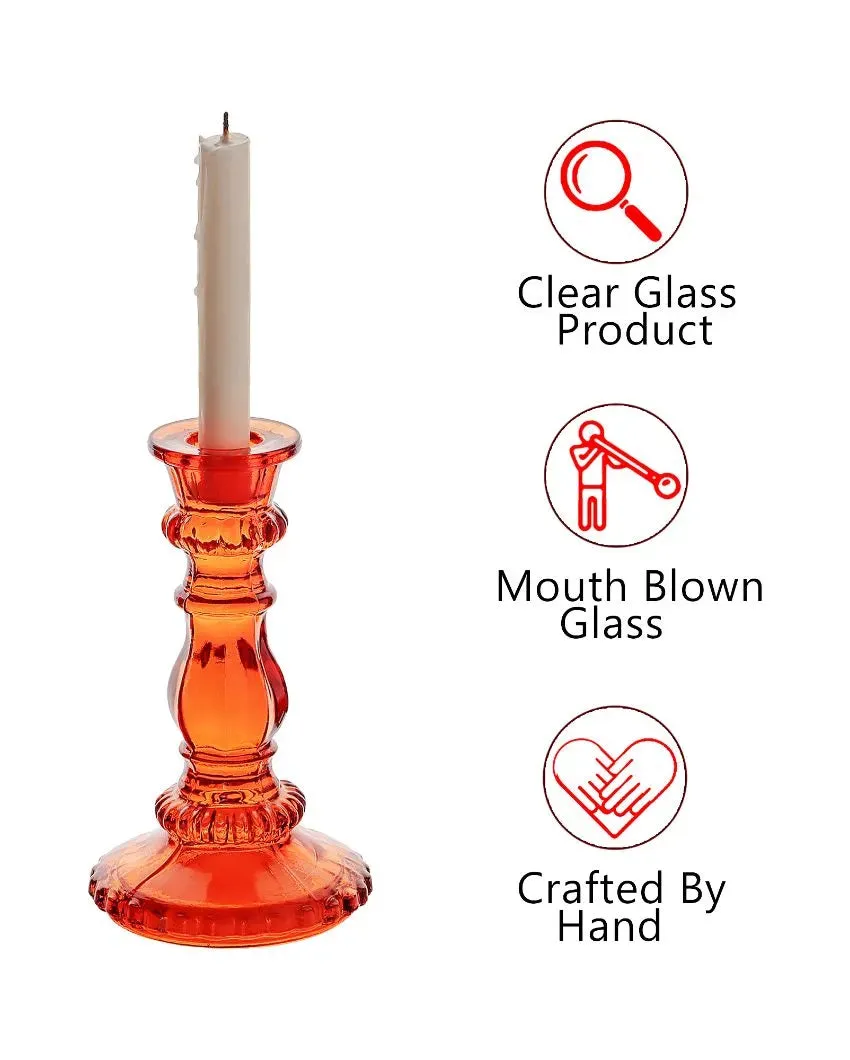 Antique Orange Glass Candle Stand | Set of 2 | 3 x 2 x 6 inches