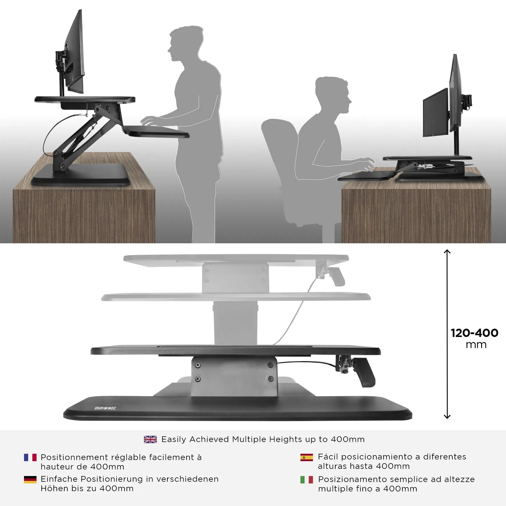 Duronic Sit-Stand Desk DM05D12 | Height Adjustable Office Workstation | 64x45.5cm Platform | Raises from 12-41cm | Riser for PC Computer Screen, Keyboard, Laptop | Ergonomic Desktop Table Converter