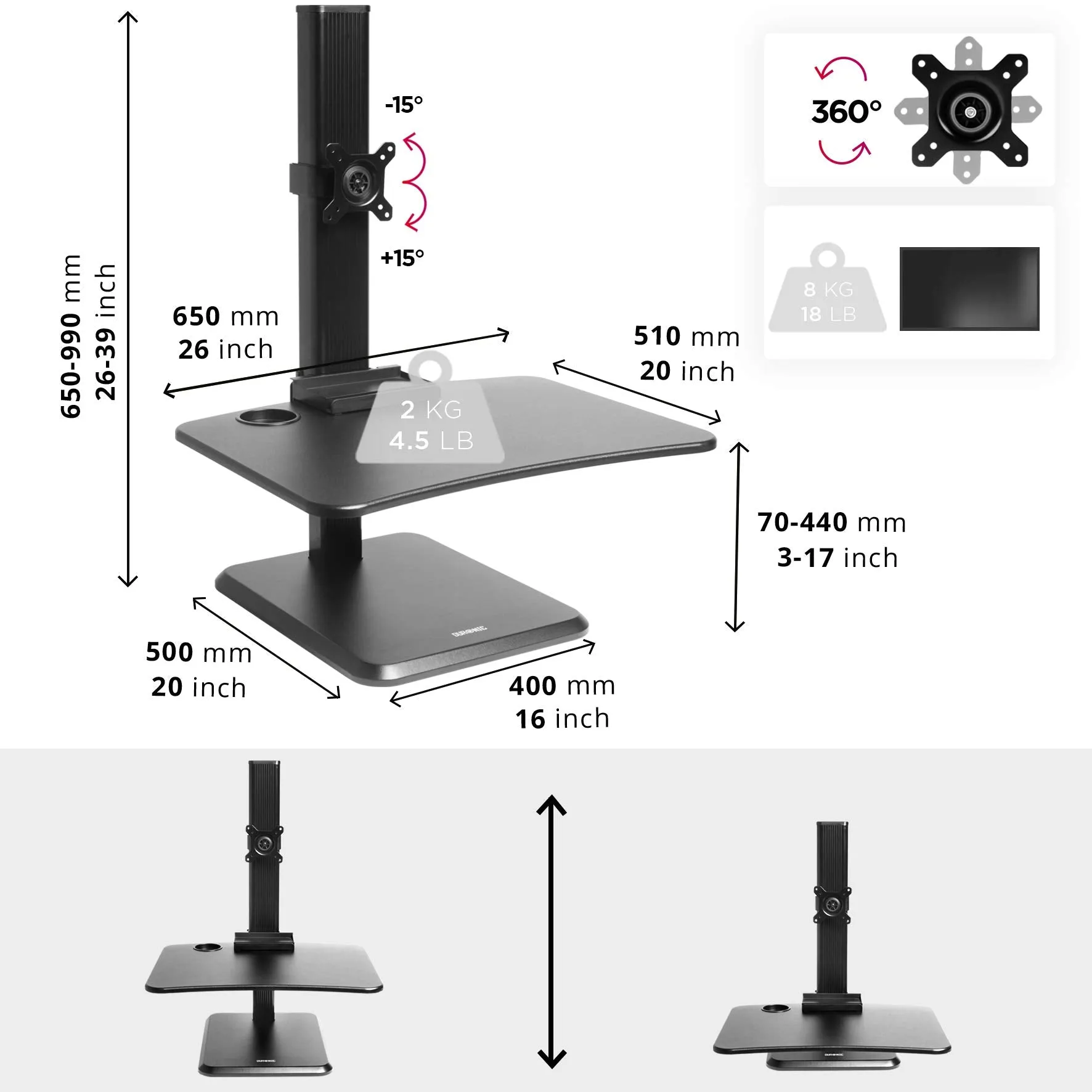 Duronic Sit-Stand Desk DM05D14 | Height Adjustable Office Workstation | 65x51cm Platform | Raises 7-44cm | Riser for PC Computer Screen and Keyboard | Ergonomic Desktop Converter with Screen Mount