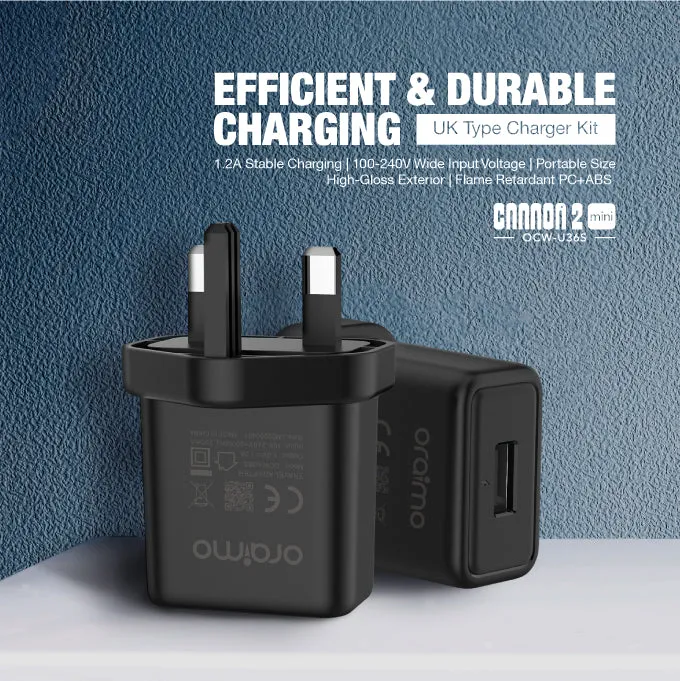 oraimo Cannon-2 5.0V/1.2A Mini UK Type Efficient & Durable Charger Kit