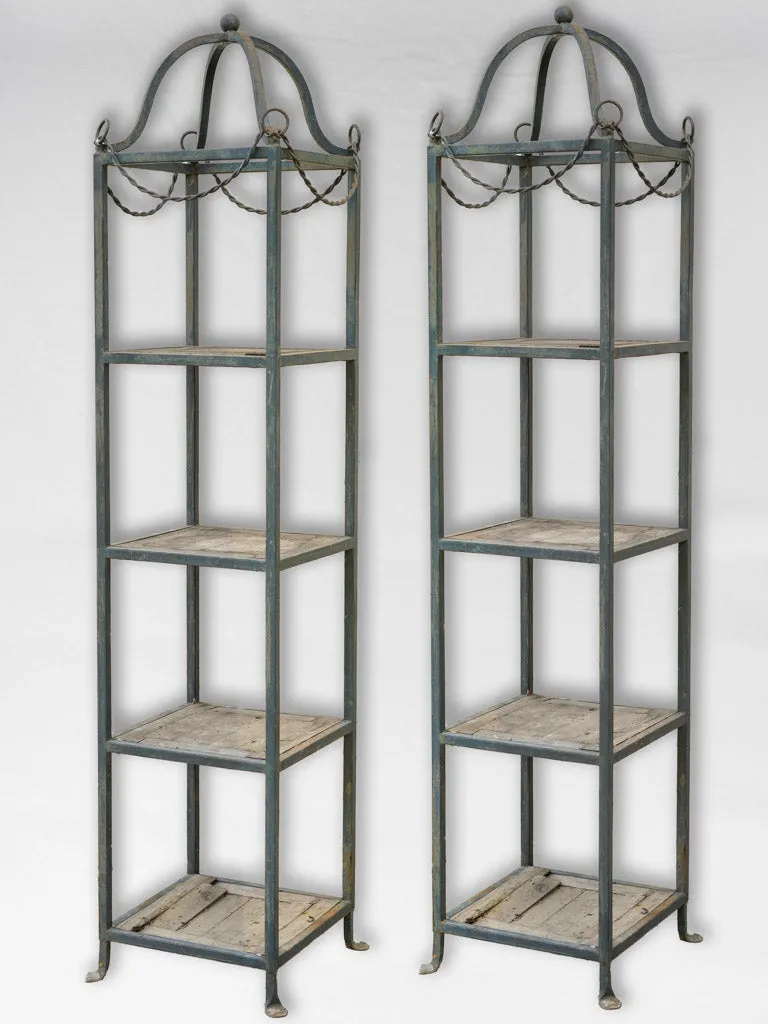 Pair of modern French iron garden étagères w/ wooden shelves 90½"