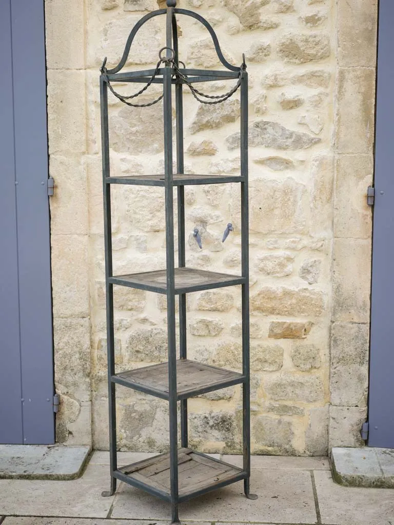 Pair of modern French iron garden étagères w/ wooden shelves 90½"