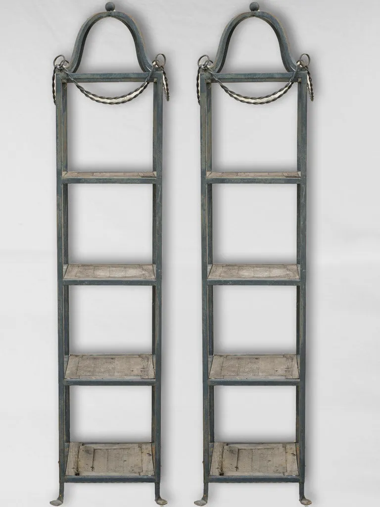 Pair of modern French iron garden étagères w/ wooden shelves 90½"