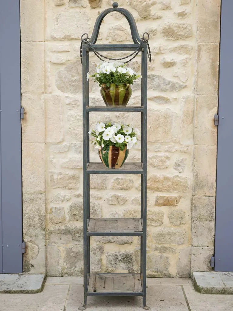 Pair of modern French iron garden étagères w/ wooden shelves 90½"