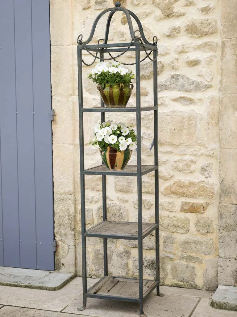 Pair of modern French iron garden étagères w/ wooden shelves 90½"