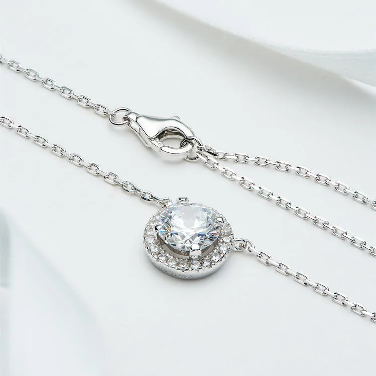 Round Cut Halo Necklace In Sterling Silver